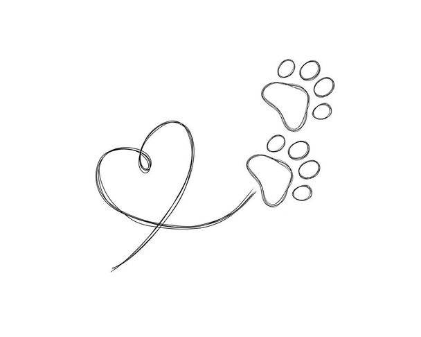 Koiran jalanjäljet linjan taidejälki. Koiran tassu sydämessä - rakkaus lemmikkiin. Paw doodle kuvitus  - Valokuva, kuva