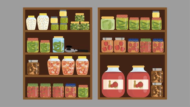 Shelf with canned food, illustration, vector, cartoon - Vector, Image