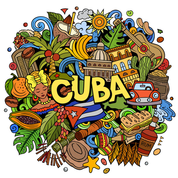 Kuuba sarjakuva doodle kuva. Hassu muotoilu. Luova rasteri tausta. Käsin kirjoitettu teksti kuubalaisia elementtejä ja esineitä. Värikäs koostumus - Valokuva, kuva