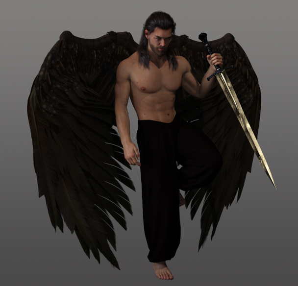 Φανταστικό αρσενικό άγγελος με σκούρα μαλλιά. σπαθί, και καφέ φτερά - Φωτογραφία, εικόνα