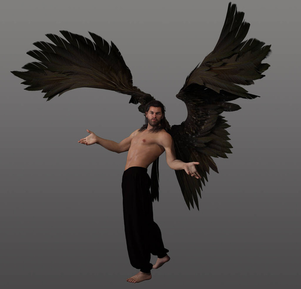 Fantasy αρσενικό άγγελος με σκούρα μαλλιά και καφέ φτερά - Φωτογραφία, εικόνα