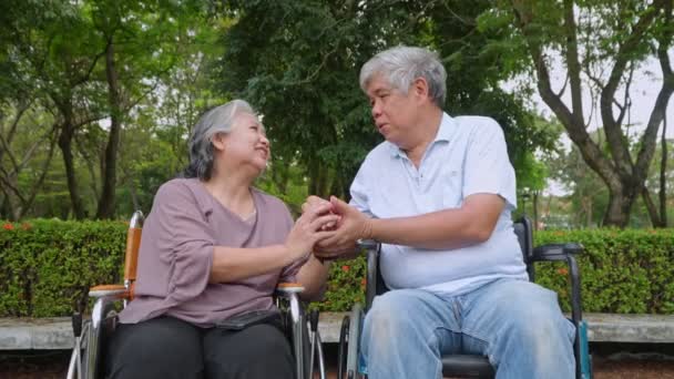Счастливая азиатская пожилая пара, сидящая в инвалидной коляске, и пожилая женщина, держащая мужа за руки и разговаривая вместе и расслабляясь на открытом воздухе в парке, досуг пенсионеров, пожилая концепция здравоохранения. - Кадры, видео