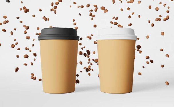 Two paper cups white black lids flying coffee beans 3D rendering. Coffee shop discount beverages demonstration delivery Hot drinks sale banner. Merchandise promo design. Blank disposable cup template. - Photo, Image