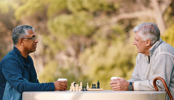 Les échecs, la nature et la retraite avec des amis seniors jouant à un jeu de société tout en collant en plein air pendant l'été. Parc, stratégie et jeu avec un homme mûr et un ami qui pense au défi mental. - Photo, image