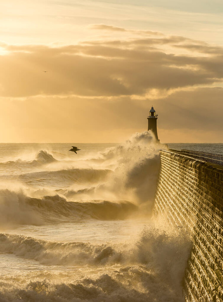 Nagy hullámok verik a Tyne torkolatát őrző világítótornyot és északi mólót Tynemouth-ban napkeltekor, Angliában. - Fotó, kép