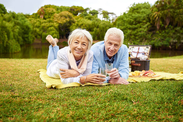 Relaxed and at leisure. Portrait of a senior couple enjoying a picnic in a park - Photo, Image