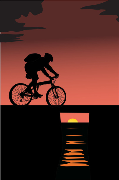 Radlersilhouette und Sonnenuntergang - Vektor, Bild