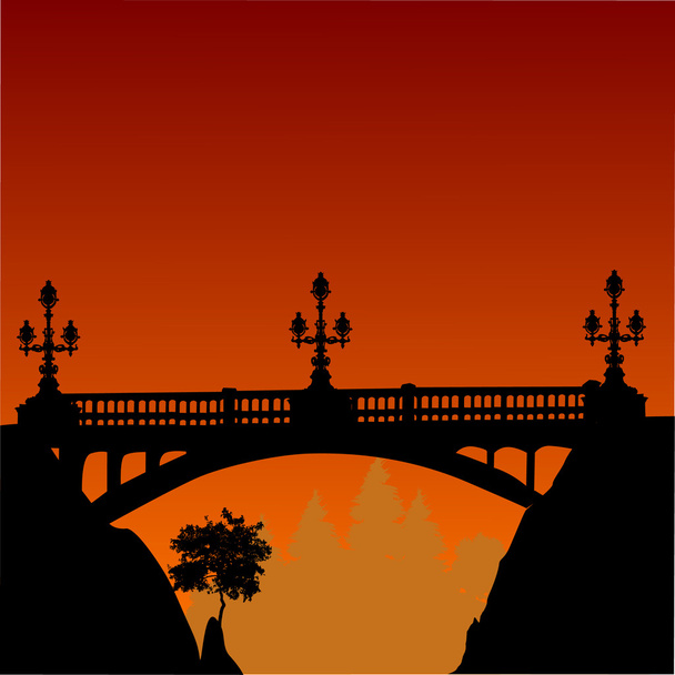 puente con lámparas y puesta de sol
 - Vector, Imagen