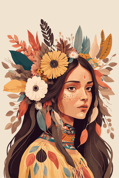 retrato de niña indígena boho tribal con plumas en el pelo y con poncho tradicional, hermosa mujer indígena chamán ilustración - Vector, imagen