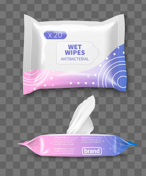 Мокрые салфетки реалистичный макет упаковки с шаблоном бренда на прозрачном фоне изолированные векторные иллюстрации - Вектор,изображение