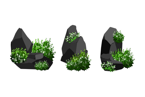 Verzameling van steenkool, grafiet, basalt en antraciet. Een set van zwarte houtskool van verschillende vormen en planten.Het concept van mijnbouw en erts in een mijn.Stenen fragmenten, rotsblokken. - Vector, afbeelding