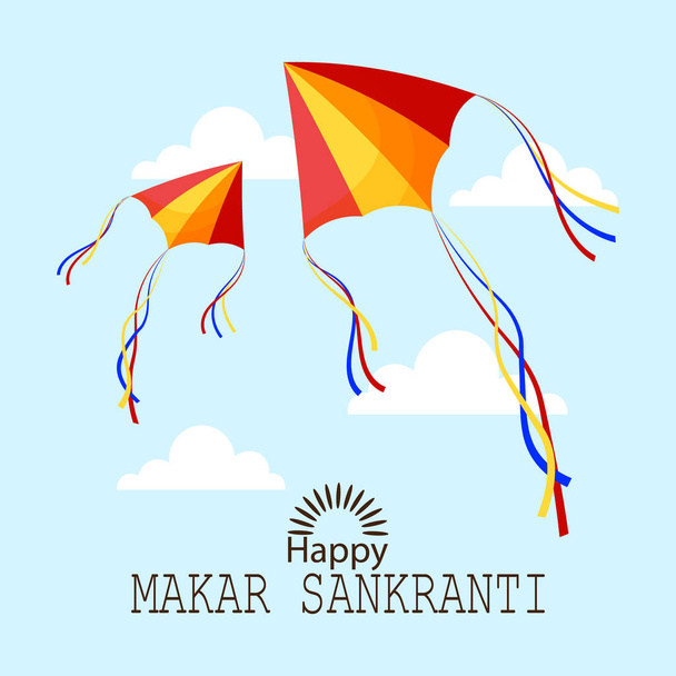 Happy Makar Sankranti, πολύχρωμοι χαρταετοί στον ουρανό με ήλιο. Ινδουιστική κάρτα διακοπών, διάνυσμα - Διάνυσμα, εικόνα