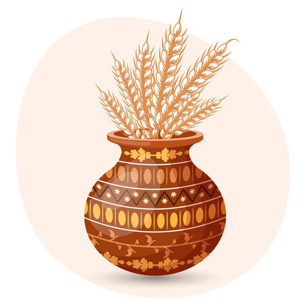 Clay pot with oriental ornament and ears of wheat. Illustration, vector - Vector, Image