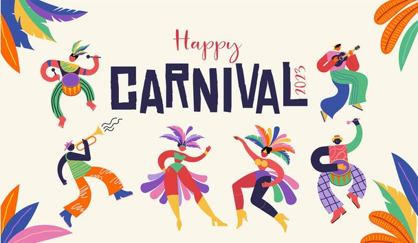 Ευτυχισμένο Καρναβάλι, Βραζιλία, Νότια Αμερική Καρναβάλι με χορευτές σάμπα και μουσικούς. Φεστιβάλ και Circus σχεδιασμό εκδήλωση με αστείους καλλιτέχνες, χορευτές, μουσικούς και κλόουν. Πολύχρωμο διανυσματικό φόντο  - Διάνυσμα, εικόνα