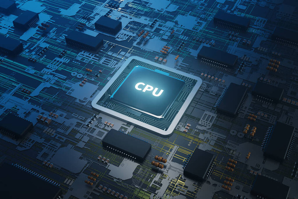 leuchtender CPU-Text auf Mainboard-Hintergrund, 3D-Rendering - Foto, Bild