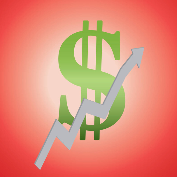money sign or dollar sign with a silver arrow pointing upward, representing a rise in profits - Vector, Image