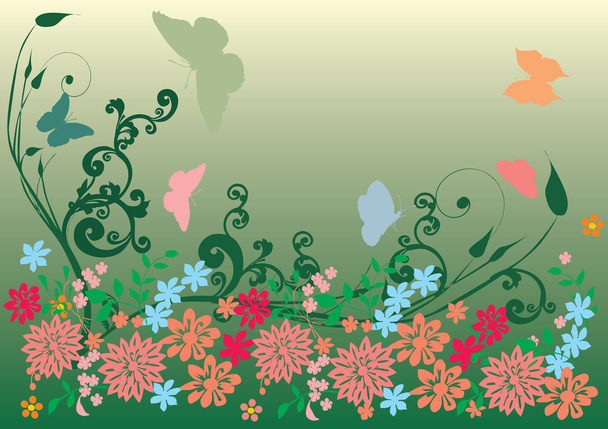 green and pink butterflies, flowers - Vector, imagen