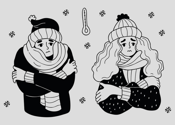 Нещаслива жінка і чоловік у в'язаному капелюсі і загорнуті в шарф заморожування носіння і шипіння. Векторні ілюстрації каракулі. Зимовий сезон хвороби і простуда і страждання від низької температури мінус градуси
 - Вектор, зображення