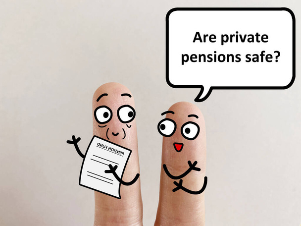 Dwa palce są urządzone jako dwie osoby. Jeden pyta drugiego, czy prywatna emerytura jest bezpieczna.. - Zdjęcie, obraz
