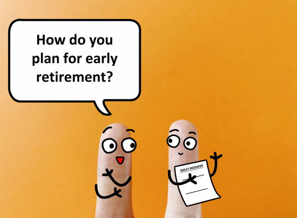 Dwa palce są urządzone jako dwie osoby. Jeden z nich pyta, jak zaplanować wcześniejszą emeryturę.. - Zdjęcie, obraz