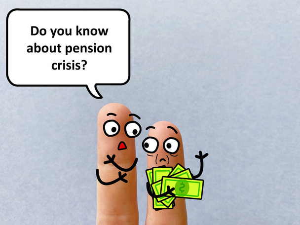 Deux doigts sont décorés comme deux personnes. L'un d'eux demande s'il est au courant de la crise des retraites. - Photo, image