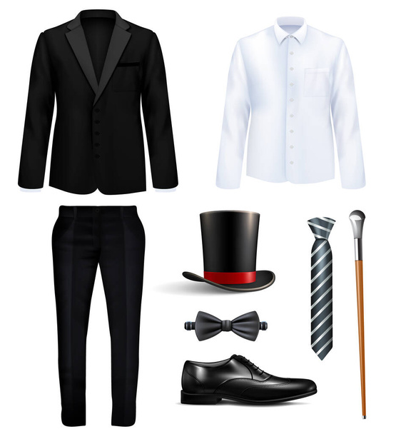 Gentleman Anzug und Accessoires realistisches Set mit schwarzem Kostüm weißes Hemd Hut Stiefel Krawatten Stick isoliert Vektor Illustration - Vektor, Bild