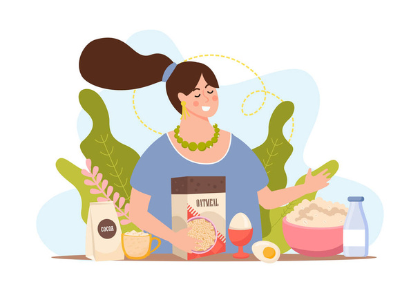 Owsianka płaski skład z charakterem kobiety gotowanie owsianki wykonane z płatków owsianych jaj i wektor mleka ilustracja - Wektor, obraz