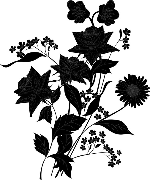 3 本のバラと黒の花束 - ベクター画像