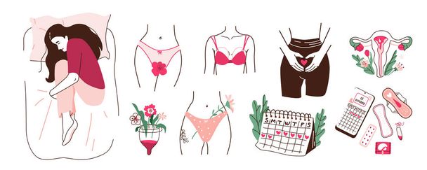 Conjunto de ilustrações vetoriais de menstruação feminina. Mulheres durante o período menstrual, tampão de produtos de higiene, almofadas sanitárias e xícara menstrual em desenhos animados estilo moderno linha simples. - Vetor, Imagem