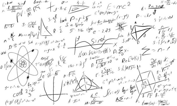 数学の黒板の説明。物理学は方程式の黒板を解く。幾何学的なクラス問題解決または代数式でスケッチ。より高い数学知能や複雑な計算の混乱。高い - 写真・画像