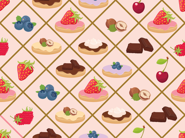 Delicious cakes, cookies and fruits. - Vector, Image