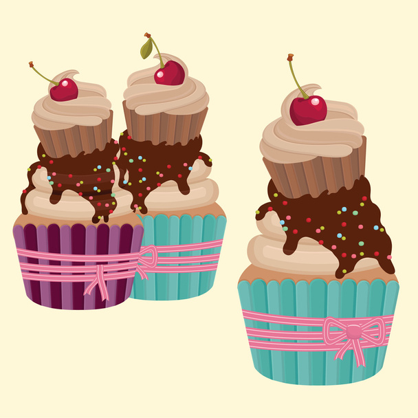 Cupcakes with cherry and chocolate. - Διάνυσμα, εικόνα