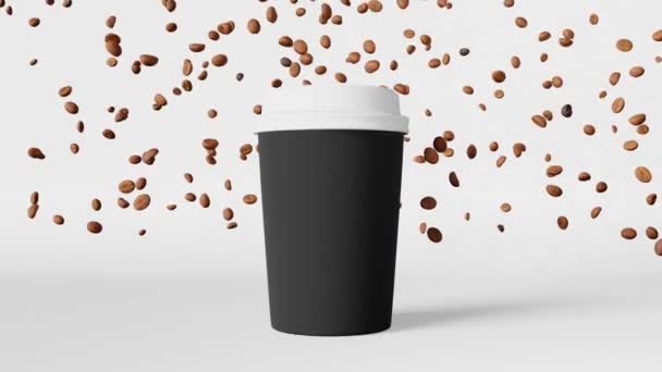 Dancing black paper cup white lid flying coffee beans 3D animation. Jumping hot beverage Coffee shop delivery drink discount sale demonstration. Blank merchandise label promo design motion graphic 4K - Metraje, vídeo