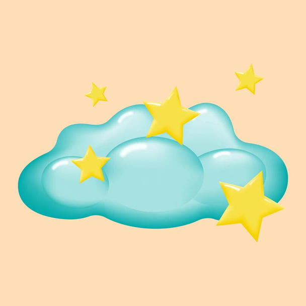Cartone animato blu soffice nube con stelle gialle isolate su uno sfondo beige. Illustrazione vettoriale. - Vettoriali, immagini