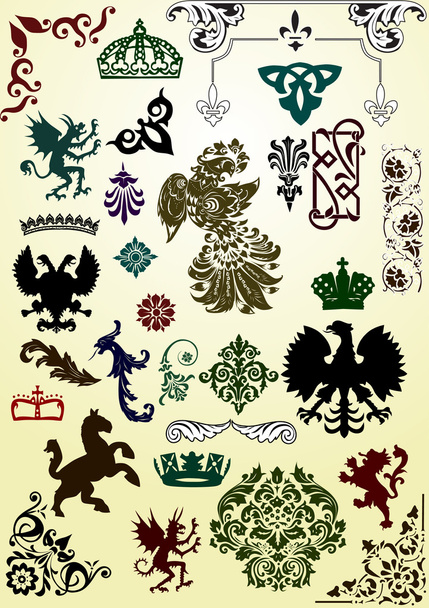 heraldic animals and ornaments set - Vector, Image