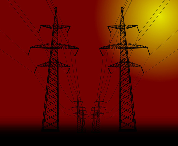 línea de alto voltaje en la puesta del sol
 - Vector, imagen