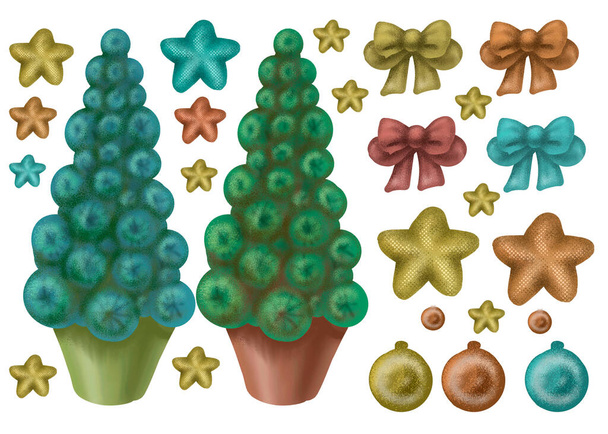 Χριστουγεννιάτικο δέντρο σε ένα δοχείο παιχνίδια χριστουγεννιάτικα αστέρια μπάλες μεγάλο σύνολο ξεχωριστά σε λευκό φόντο στοιχεία. ζωγραφισμένο στο χέρι ρεαλιστική στυλ επίπεδη εικόνα φωτεινή διακόσμηση διακοπές εικόνα - Φωτογραφία, εικόνα