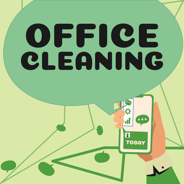 手書きのサインオフィスの清掃、オフィスビル内の清掃の業務またはプロセスの概要 - 写真・画像