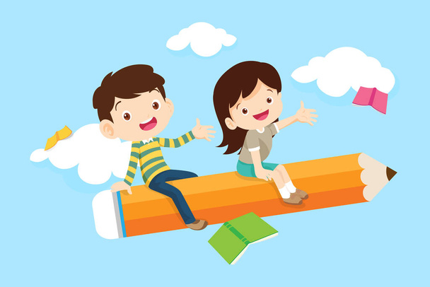 Boy and girl flying on a pencil ,Back to School Concept Group of Kids - Vector, Image