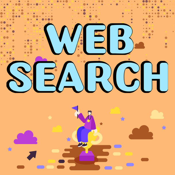 Legenda do texto apresentando Web Search, Sistema de software de abordagem de negócios projetado para procurar informações na web - Foto, Imagem