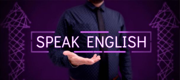 Gebärdenanzeige Englisch sprechen, Wort geschrieben beim Studium einer anderen Fremdsprache Online-Sprachkurse - Foto, Bild