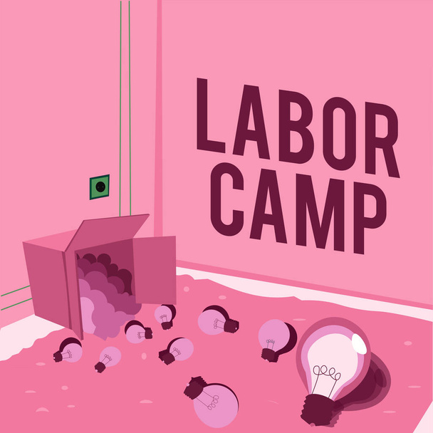 Znak tekstowy pokazujący Obóz Pracy, Biznes zbliża się do kolonii karnej, gdzie wykonuje się pracę przymusową - Zdjęcie, obraz
