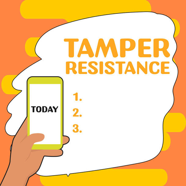 Handschriftliches Zeichen Tamper Resistance, Konzept, das körperliche Schäden, Drohungen, Einschüchterung oder korrupte Überzeugungsarbeit verhindert - Foto, Bild