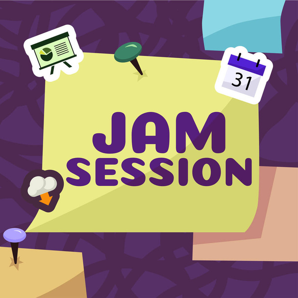 Hand writing sign Jam Session, Internet Concept αυτοσχέδιο performance από ομάδα μουσικών - Φωτογραφία, εικόνα