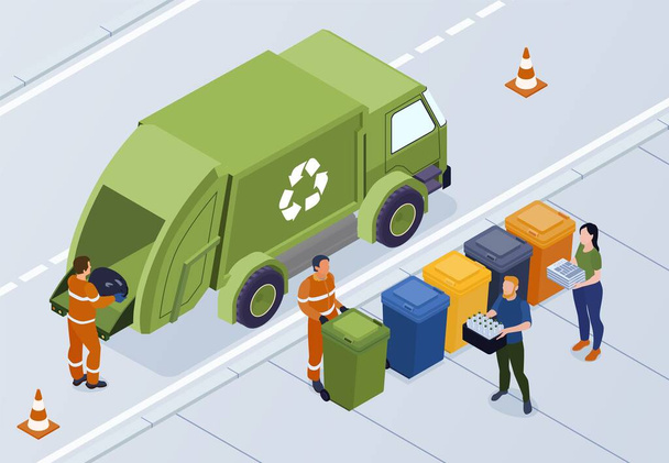Isometrische recycling samenstelling met uitzicht op straat met kleurrijke afvalbakken en dump truck crew vector illustratie - Vector, afbeelding