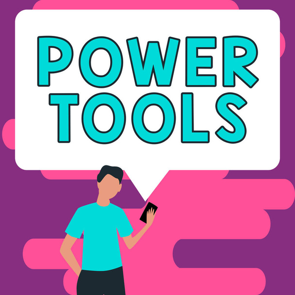 Zapis wyświetlania tekstu Power Tools, Word dla narzędzia uruchamianego dodatkowym źródłem zasilania i mechanizmem - Zdjęcie, obraz