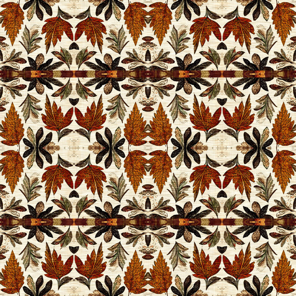 Autumn leaf quilt style vintage seamless pattern. Homely cottage core patchwork boho design for 70s background. Natural design of foliage - Photo, Image