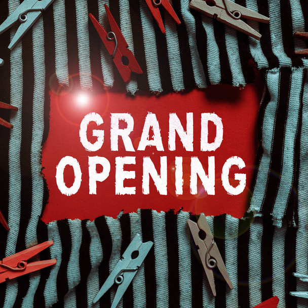 Käsiala teksti Grand Opening, Concept merkitys Nauha Leikkaus Uusi liiketoiminta Ensimmäinen virallinen päivä Käynnistäminen - Valokuva, kuva