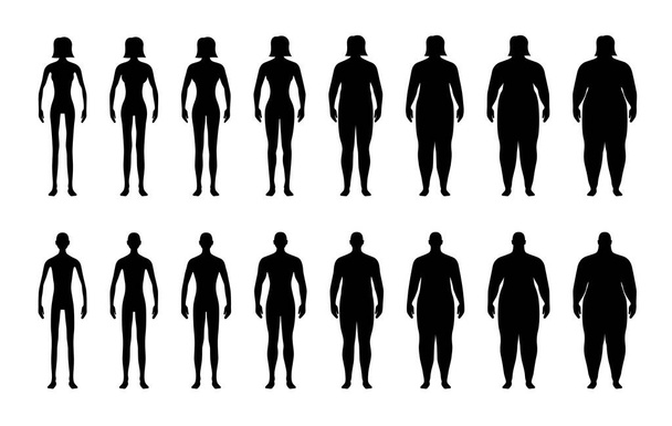 BMI-Klassifikationstabelle Messung Mann und Frau schwarzes Icon-Set. Männliche und weibliche Body Mass Index Symbolsammlung von Unter- bis Übergewicht. Personengewicht unterschiedliche Niveaus. Vektor eps-Symbole - Vektor, Bild