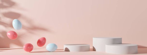 Three podiums with Easter eggs and copy space on pink background. Modern stage for product, cosmetic presentation. Easter mock up. Pedestal, platform. Empty scene. Display, showcase. 3D render - Photo, image